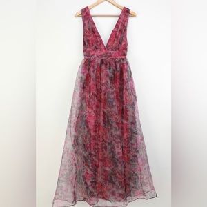 Garden Romance Magenta Floral Print Organza Maxi Dress